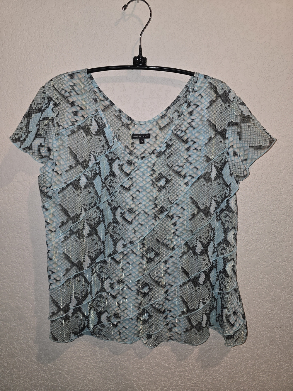 Piano Women's Large Light Blue Snakeskin Print Tiered Ruffle Top Metallic Thread
